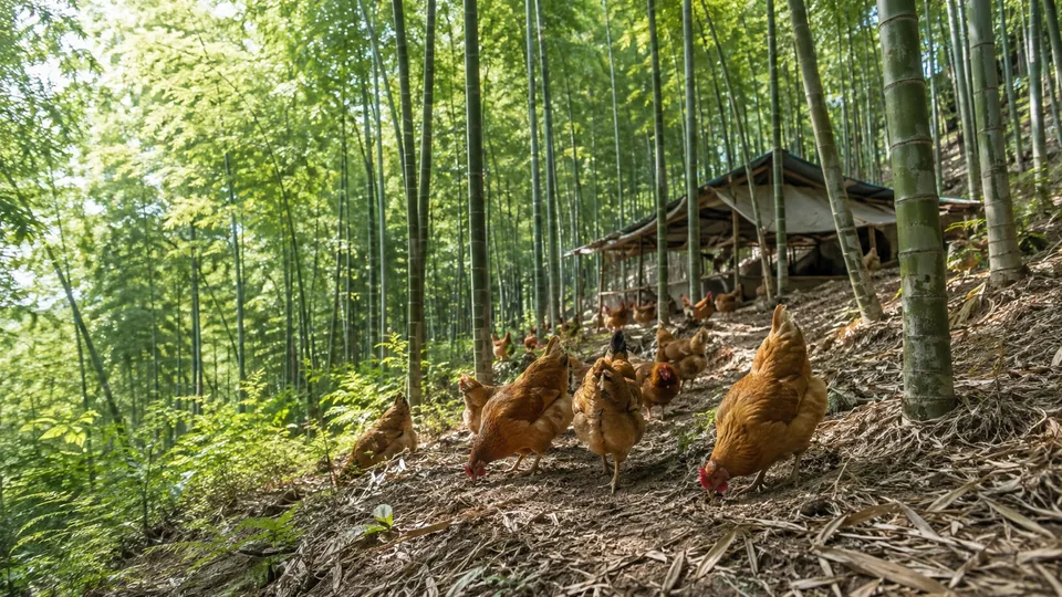 溪南竹林鸡养殖基地场景示意,非基地实拍